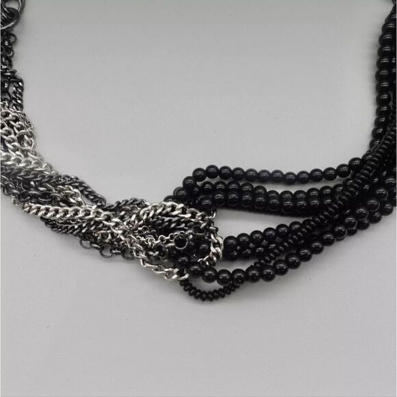 Talbots Necklace Modern Black Beaded Silver Tone Gunmetal Layered Chains 24 Inch - Picture 8 of 10